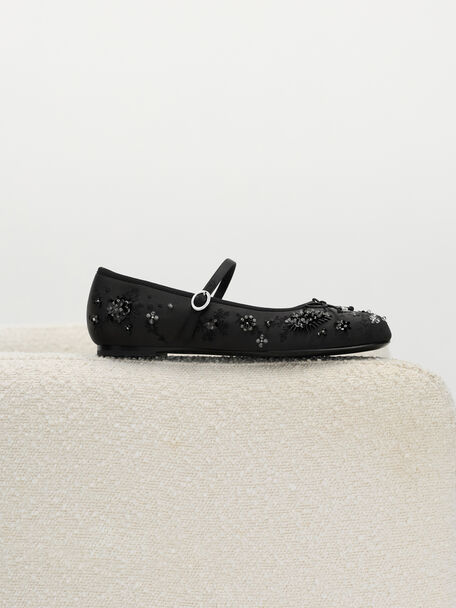 Sadira Satin Embroidered Sequinned Mary Jane Flats, Black Textured, hi-res