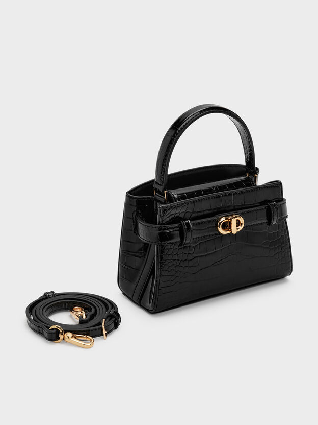 Aubrielle Croc-Effect Belted Top Handle Bag, Black, hi-res