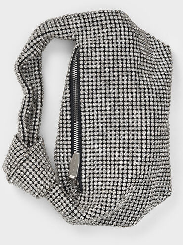 Crystal-Embellished Knotted-Strap Shoulder Bag, Silver, hi-res