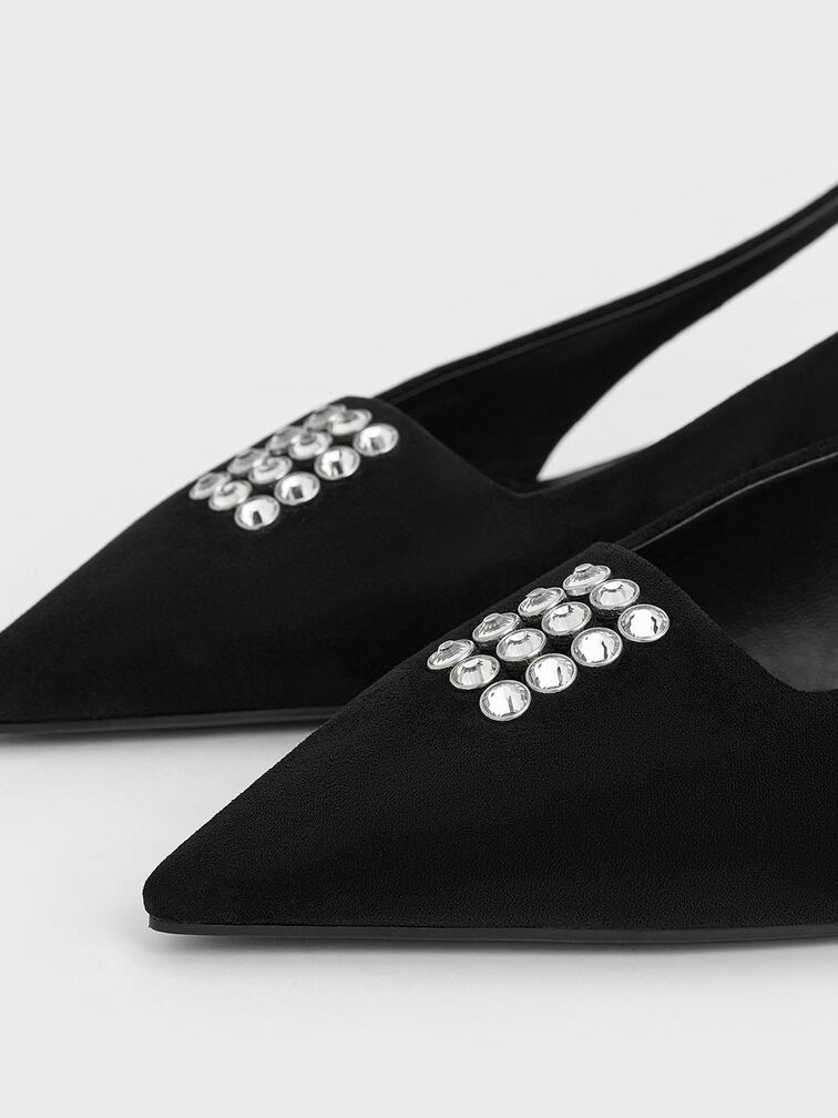Faux Suede Crystal-Embellished Slingback Pumps, Black Textured, hi-res