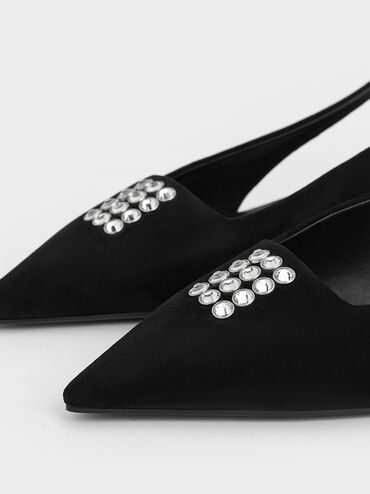 Faux Suede Crystal-Embellished Slingback Pumps, Black Textured, hi-res