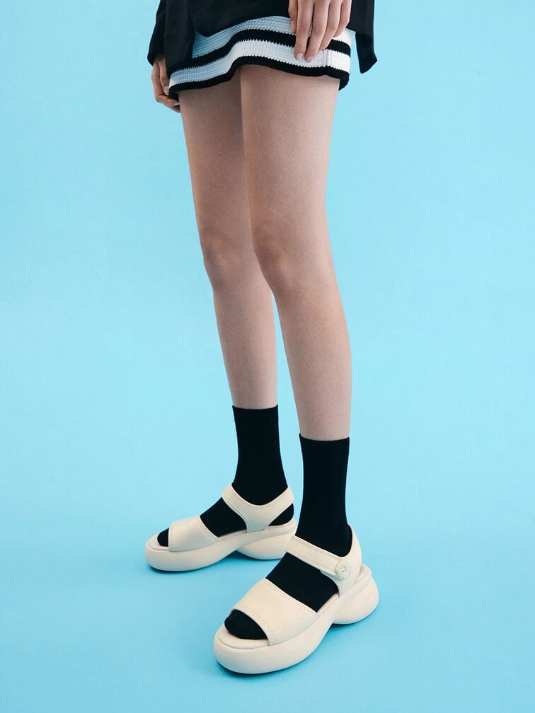Flower-Buckle Platform Sports Sandals, Cream, hi-res