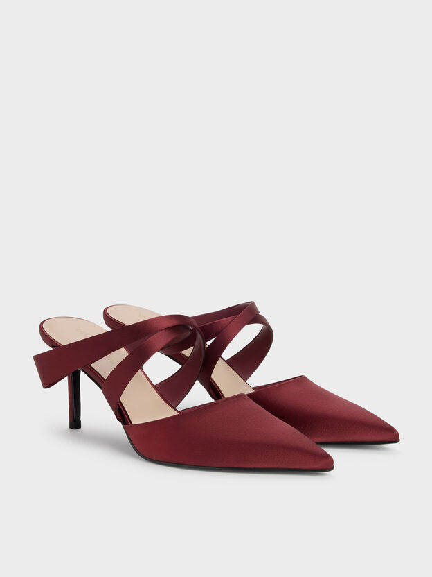 Satin Pleated-Strap Heeled Mules, Red, hi-res
