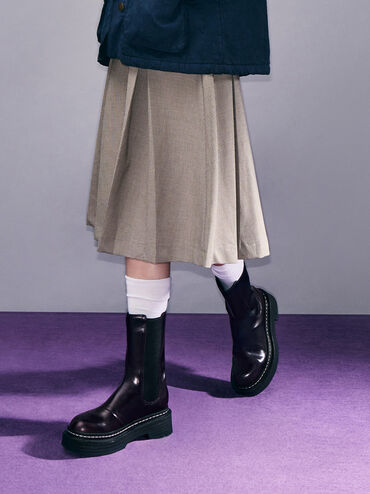 Stitch-Trim Platform Mid-Calf Chelsea Boots, Burgundy, hi-res