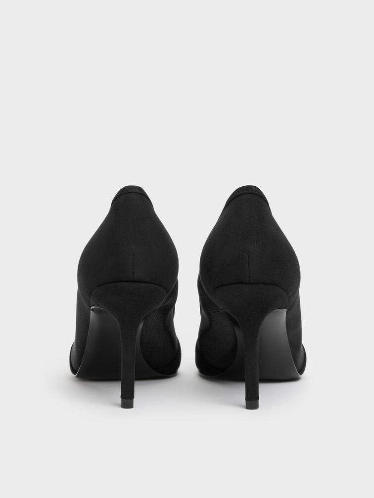 Faux Suede & Mesh Pointed Pumps, Black Textured, hi-res