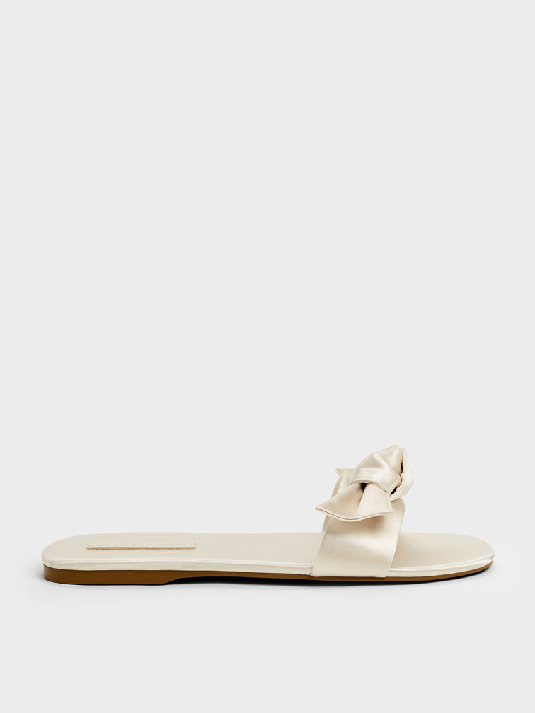 Anika Satin Knot-Bow Slide Sandals, Chalk, hi-res