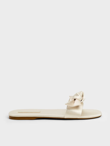 Anika Satin Knot-Bow Slide Sandals, Chalk, hi-res