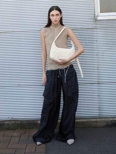 Nylon Chevron Shoulder Bag, Cream, hi-res