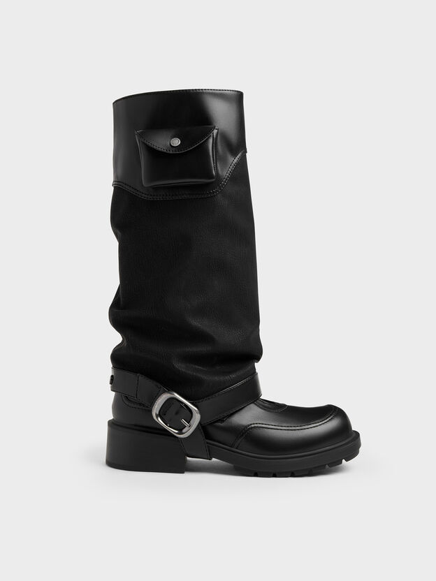 Convertible Ruched Knee-High Boots, Black, hi-res
