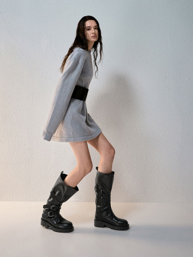 Double-Strap Knee-High Boots, Black, hi-res