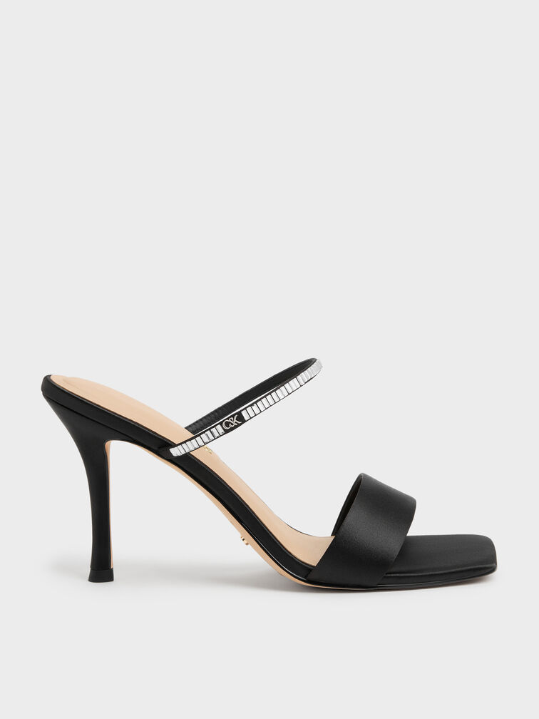 Gem Heeled Mules, Black Textured, hi-res