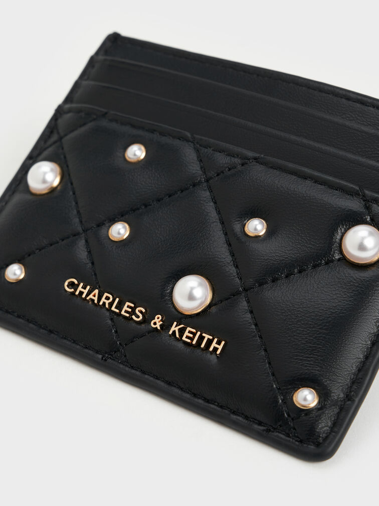 Janie Pearl-Embellished Quilted Card Holder, Black, hi-res