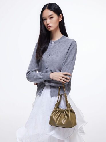 Ally Ruched Chain-Handle Bag, Khaki, hi-res