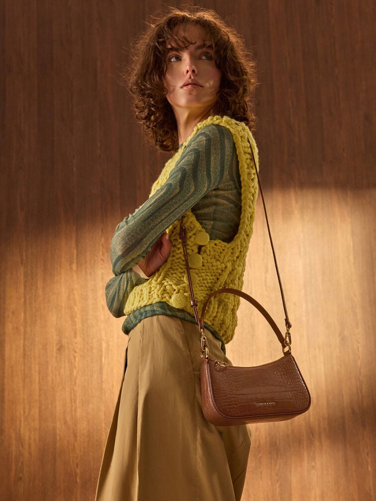 Elspeth Croc-Effect Chain-Link Shoulder Bag, Chocolate Croco, hi-res