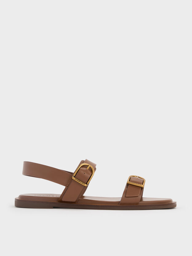 Double-Strap Slingback Sandals, Brown, hi-res