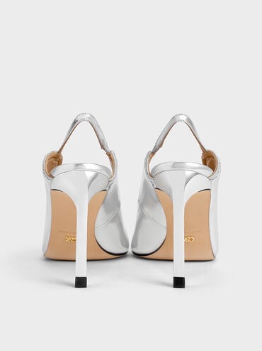 Leather & Satin Crystal-Embellished Pointed-Toe Slingback Pumps, Silver, hi-res
