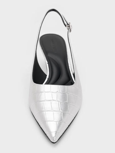Croc-Effect Pointed-Toe Kitten-Heel Slingback Pumps, Animal Print Silver, hi-res