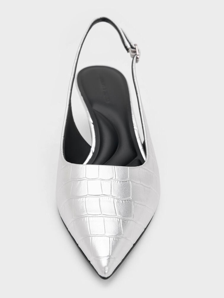 Croc-Effect Pointed-Toe Kitten-Heel Slingback Pumps, Animal Print Silver, hi-res