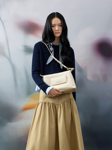 Duo Quilted Front-Pocket Hobo Bag, Cream, hi-res