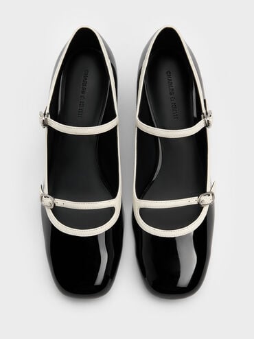 Patent Contrast-Trim Double-Strap Mary Jane Pumps, Black Patent, hi-res