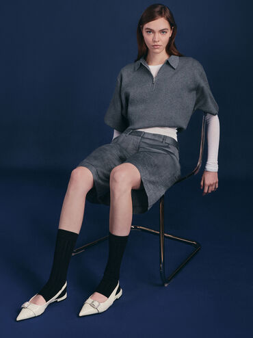 Patent Crystal-Buckle Pointed-Toe Slingback Flats, Chalk, hi-res