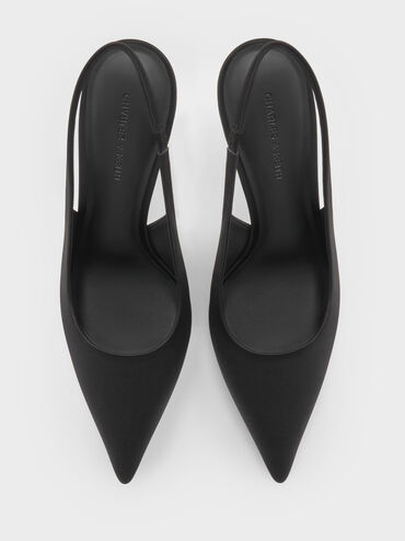 Satin Crystal-Embellished Ball-Heel Pointed-Toe Slingback Pumps, Black Textured, hi-res