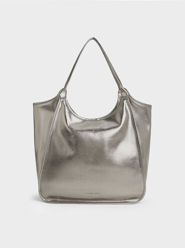 Sianna Metallic Crinkle-Effect Slouchy Tote Bag, Pewter, hi-res