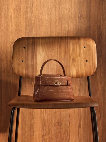Aubrielle Croc-Effect Top Handle Bag, Chocolate Croco, hi-res