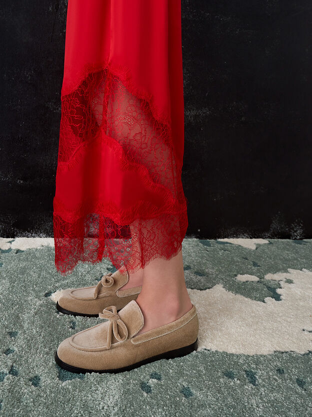 Velvet Bow Loafers, Beige, hi-res