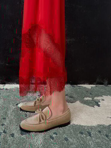 Velvet Bow Loafers, Beige, hi-res
