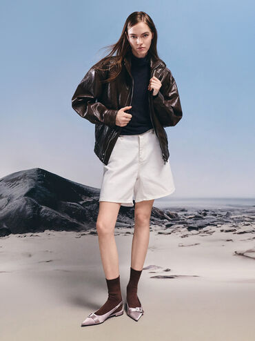 Satin Crystal-Buckle Pointed-Toe Slingback Flats, Mauve, hi-res