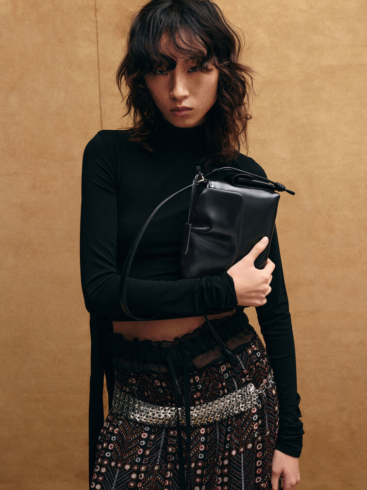 Khai Ruched-Flap Side-Pocket Top Handle Bag, Black, hi-res