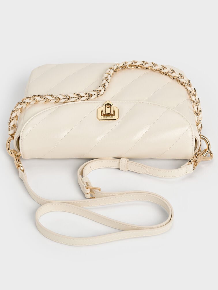 Fawn Panelled Front Flap Chain-Handle Bag, Cream, hi-res