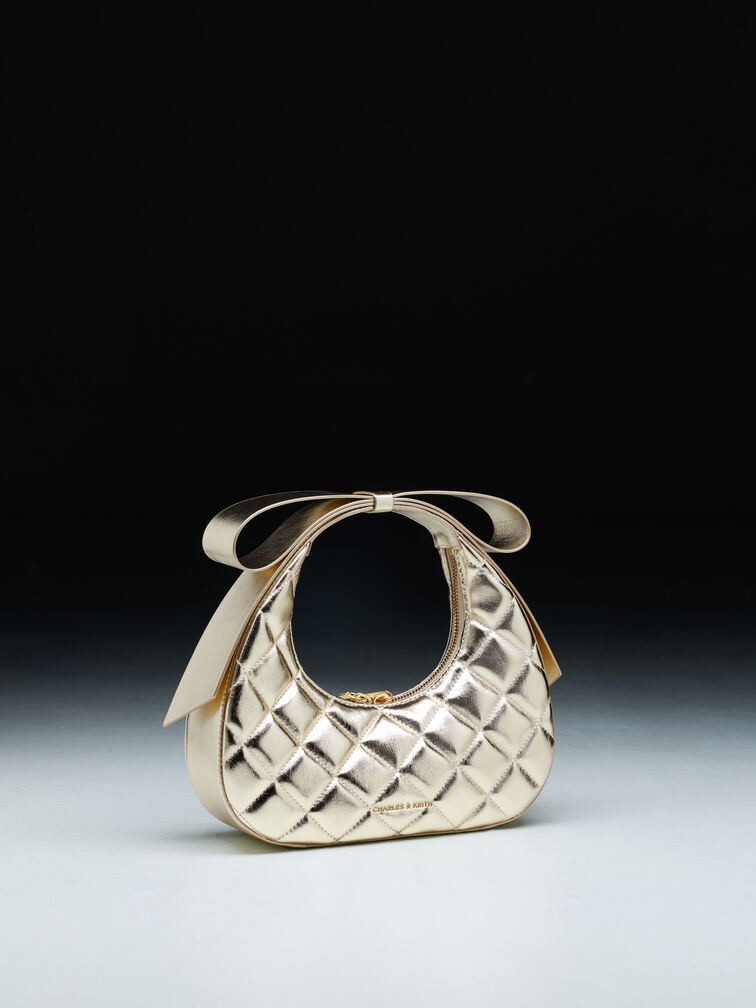 Janie Metallic Quilted Bow-Handle Crescent Bag, Champagne, hi-res