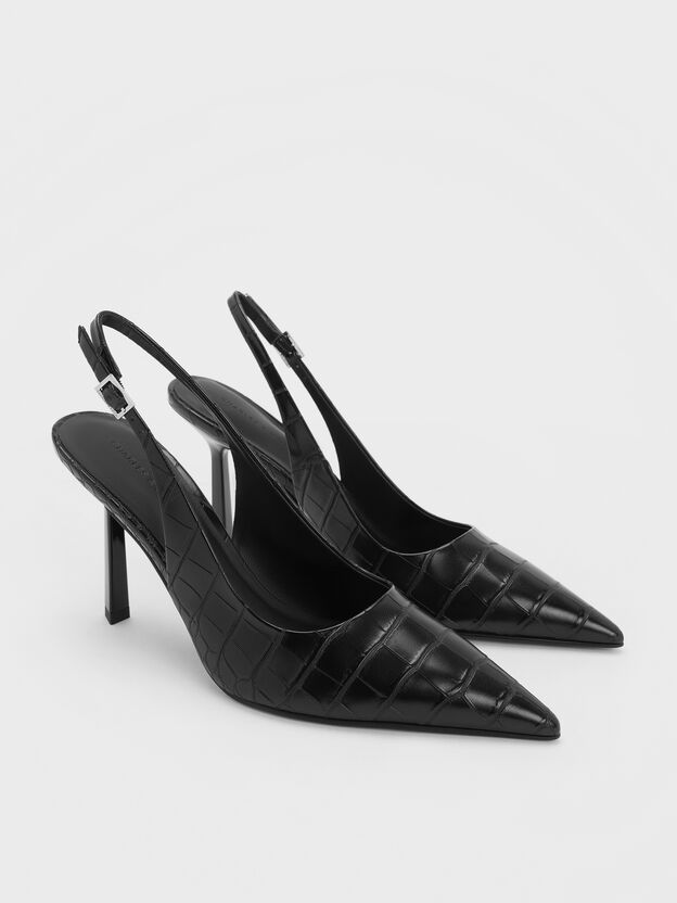 Croc-Effect Pointed Slingback Pumps, Animal Print Black, hi-res