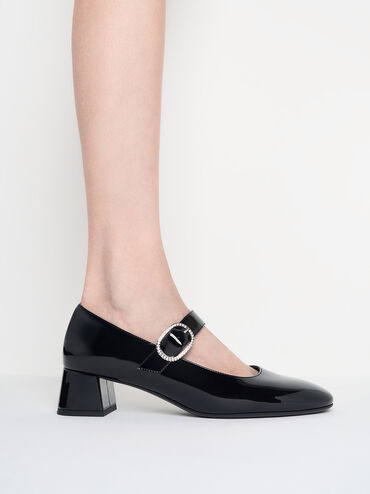 Jannie Patent Crystal-Buckle Mary Jane Pumps, Black Patent, hi-res
