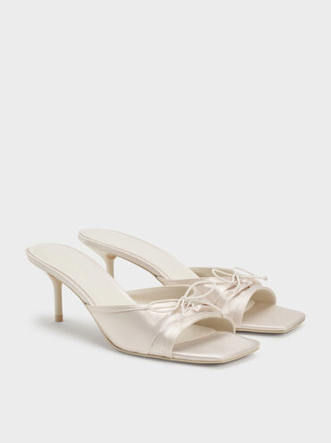 Sadira Satin Ruched Bow Heeled Mules, Chalk, hi-res
