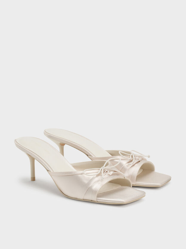 Sadira Satin Ruched Bow Heeled Mules, Chalk, hi-res