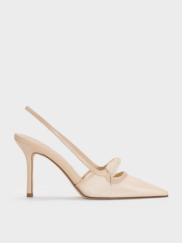 Venetia Mesh Bow Pointed Slingback Pumps, Nude, hi-res