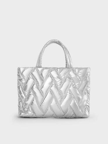 Nylon Chevron Boxy Tote Bag, Silver, hi-res