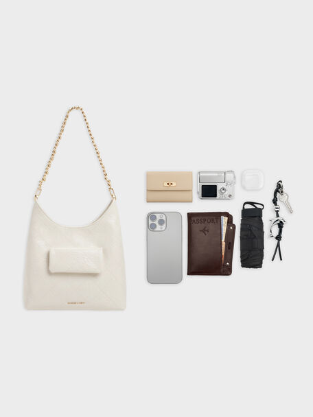 Duo Quilted Front-Pocket Chain Hobo Bag, Cream, hi-res