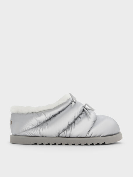 Egan Nylon Puffy Mules, Silver, hi-res