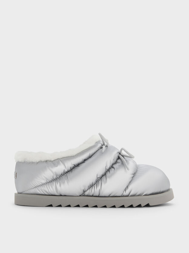 Egan Nylon Puffy Mules, Silver, hi-res