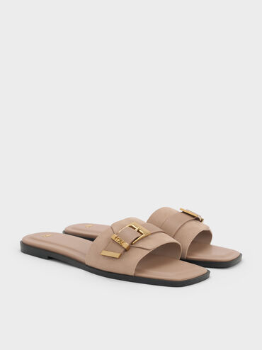 Whitney Suede & Leather Buckled Square-Toe Slide Sandals, Taupe, hi-res