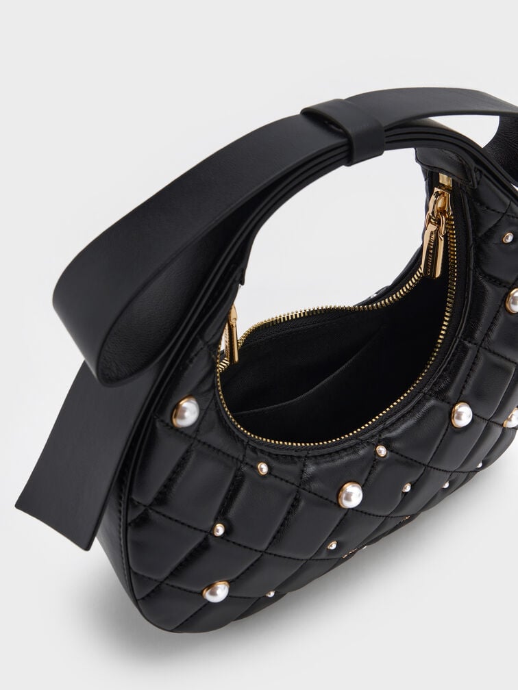 Janie Quilted Pearl-Embellished Bow-Handle Crescent Bag, Black, hi-res