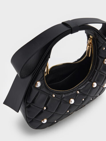 Janie Quilted Pearl-Embellished Bow-Handle Crescent Bag, Black, hi-res