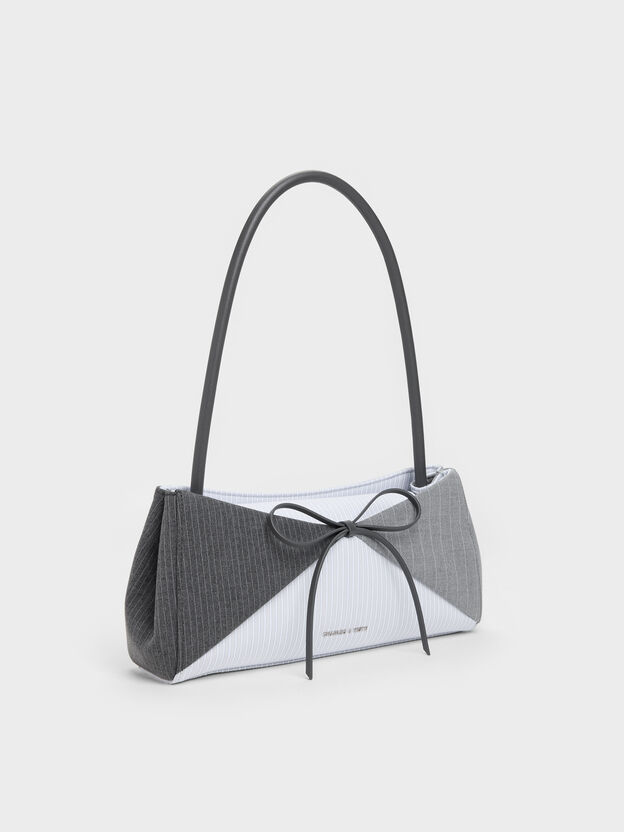 Hazel Striped Bow Panelled Shoulder Bag, Grey, hi-res