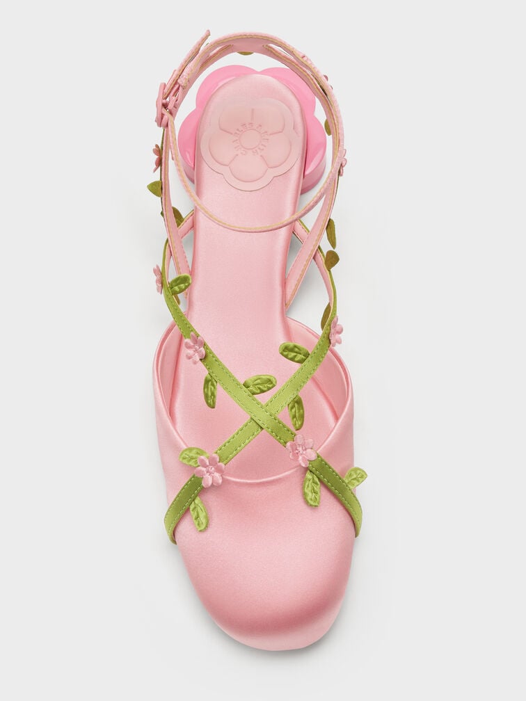 Floral-Vine Ankle-Strap Flats, Pink, hi-res