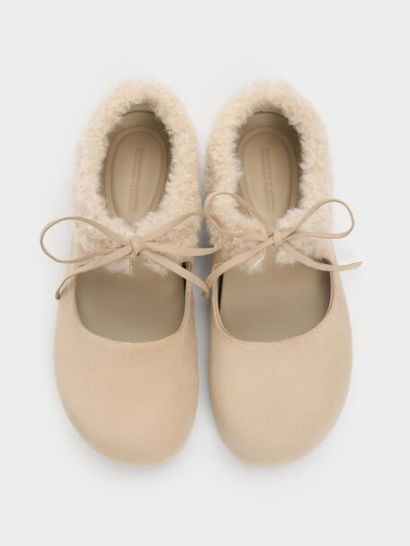 Emila Faux Suede Fur-Trim Mary Jane Flats, Chalk, hi-res