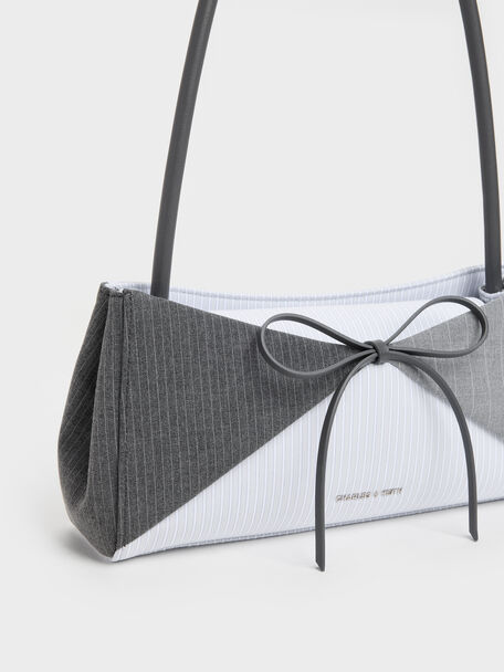 Hazel Striped Bow Panelled Shoulder Bag, Grey, hi-res